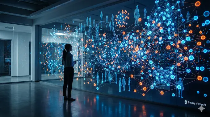 Researcher viewing a massive data wall connecting virtual patients to biomarkers, illustrating GigaTIME evidence.