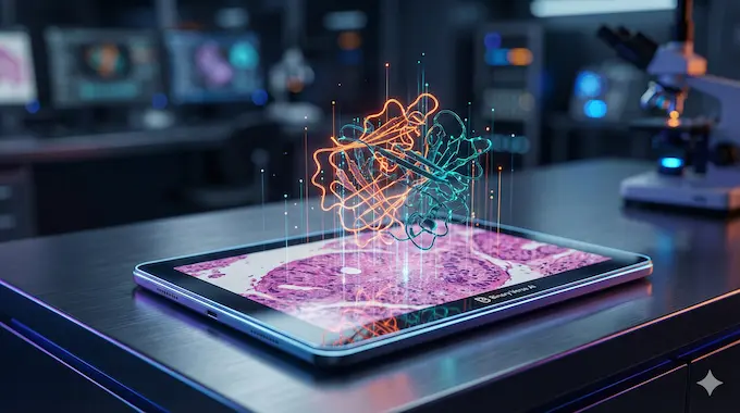 Glass tablet displaying AI decoding tissue slides into 3D protein structures, representing GigaTIME.