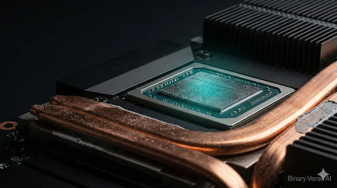 A macro shot of a glowing GPU chip illustrating GLM-4.6V VRAM requirements.