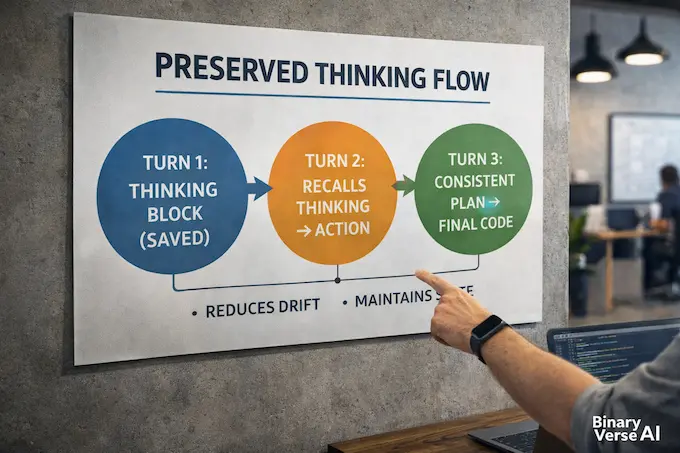 A printed poster infographic showing the GLM-4.7 Preserved Thinking process across three turns.
