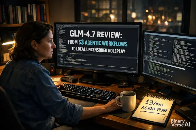 A developer working on code at a desk with monitors displaying the GLM-4.7 review title.
