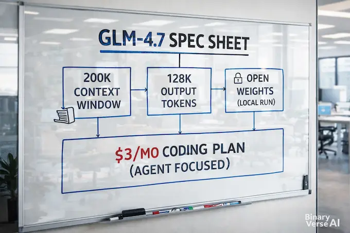 A glass whiteboard infographic detailing GLM-4.7 specs: 200K context, 128K output, and open weights.