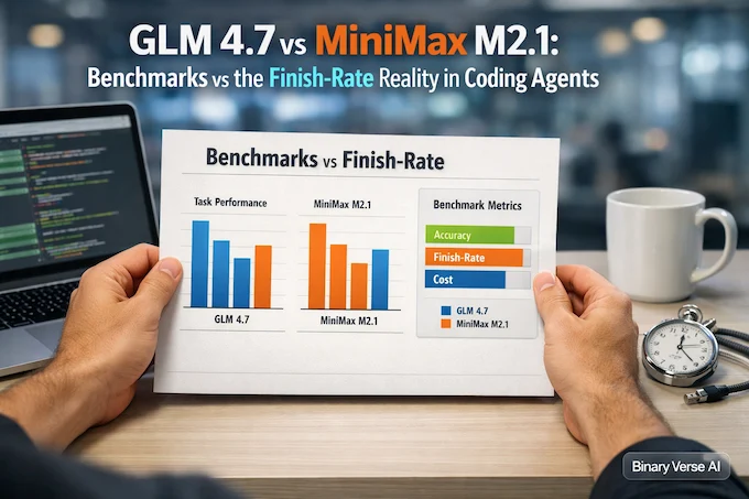 GLM 4.7 vs MiniMax M2.1 cover, finish-rate vs benchmarks