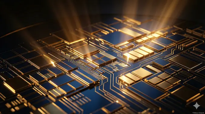A close-up of a golden silicon wafer floorplan being self-assembled by AlphaChip AI.