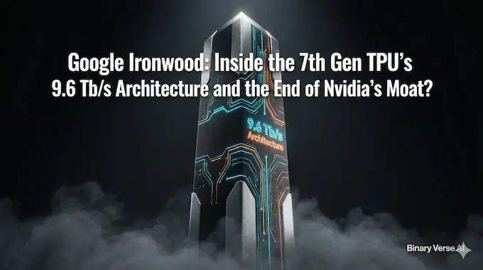 A monolithic Google Ironwood TPU chip glowing with neon circuitry in a dark void.