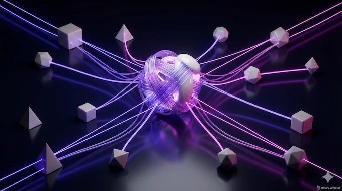 A glowing central AI core connecting to multiple peripheral tools via orderly neon filaments, visualizing GPT-5.2 agentic capabilities.
