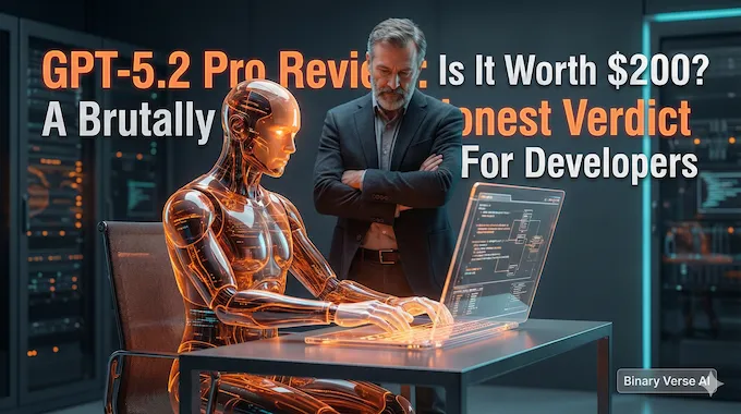 A digital artist's rendition of GPT-5.2 Pro as a glass AI agent working for a developer.