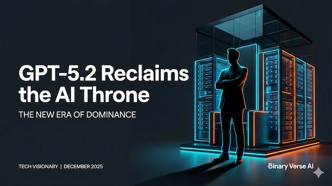 A futuristic magazine cover showing a tech leader next to a glowing data throne, visualizing GPT-5.2 dominance.