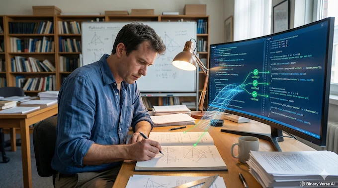 A mathematician works at a desk where handwritten geometry notes are translated into verified Lean code on a screen, showing GPT 5 math workflows.