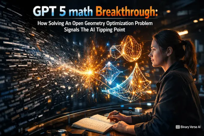 A researcher watches chaotic data transform into glowing complex geometry on a holographic interface, symbolizing the GPT 5 math breakthrough.