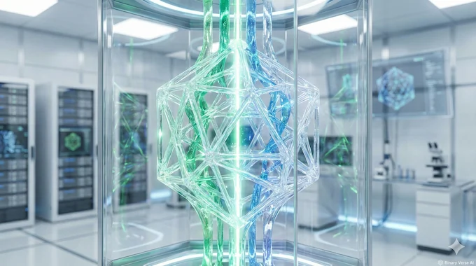 A macro shot of a glowing, geometrically complex protein structure in a medical lab, symbolizing the healthcare impact of GPT 5 math.