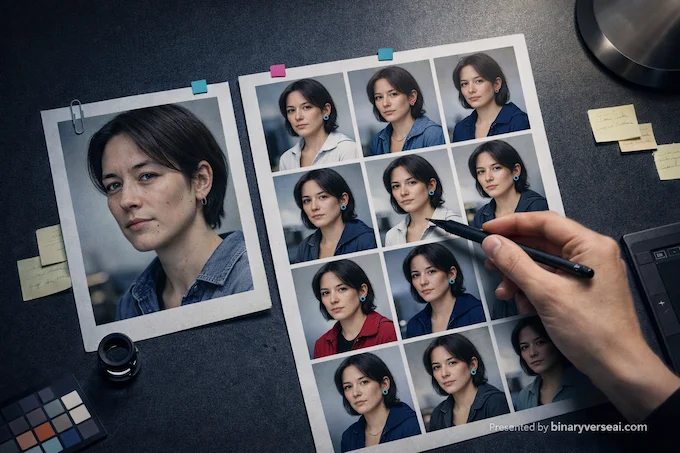 A contact-sheet workspace shows character anchors and repeatable edits in GPT Image 1.5 with consistent facial details.