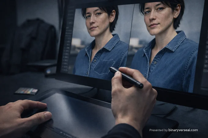 A stylus-driven photo edit demonstrates precise logo removal and stable identity in GPT Image 1.5 on a modern workstation.