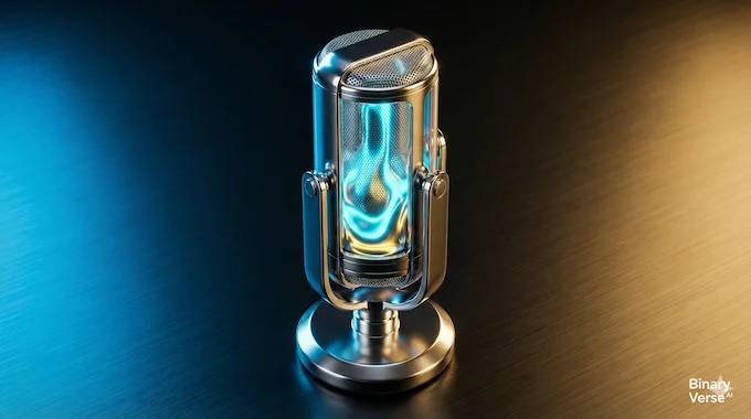 Futuristic microphone with glowing core representing the Kling 2.6 talkies era.