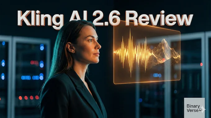 Female director viewing holographic audio waves transforming into video, illustrating Kling 2.6 native audio.