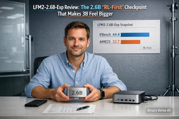 LFM2-2.6B-Exp cover hero with benchmark snapshot