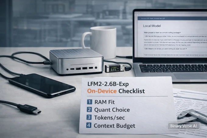 LFM2-2.6B-Exp on-device checklist with phone and laptop