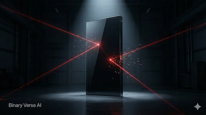 Red laser sparks bouncing off an impenetrable black glass monolith, symbolizing LLM safety robustness.