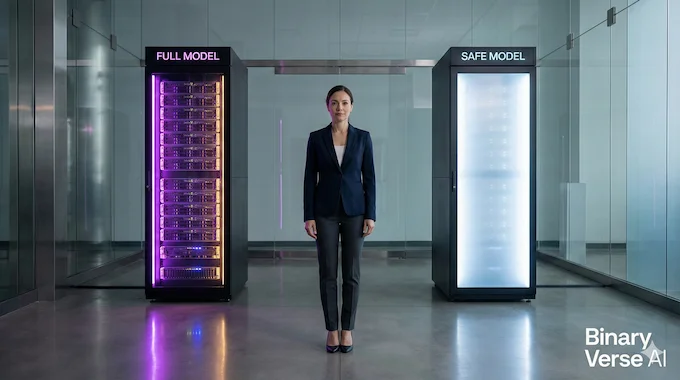 A researcher standing between two server towers representing full and safe LLM safety models.