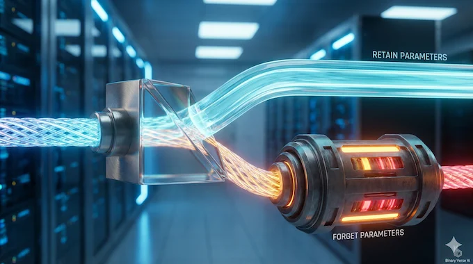 A data processor splitting light into safe blue and dangerous amber streams for LLM safety.