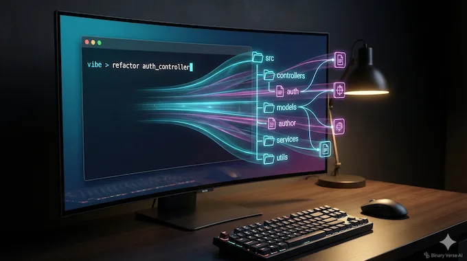 A close-up of a terminal screen with holographic light beams emerging from command text to reorganize a visualized file structure.