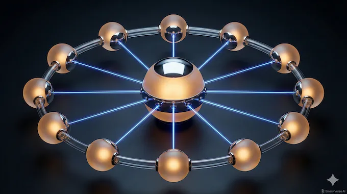 A glowing geometric light structure visualizing centralized topology in Multi Agent Systems architecture.