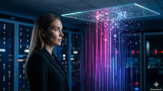 A researcher examining a holographic data ceiling symbolizing the 45% trap in Multi Agent Systems.