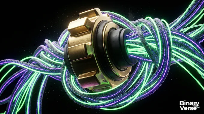 A complex knot of glowing fiber optic cables symbolizing the tool tax in Multi Agent Systems.