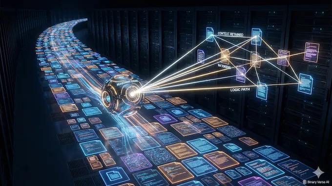 Visualization of an AI reasoning engine connecting distant data points across a massive 1M token context stream.