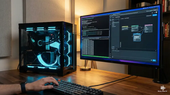 A high-end PC setup with a glowing NVIDIA RTX GPU running local AI agent software, illustrating Nemotron 3 Nano hardware requirements.