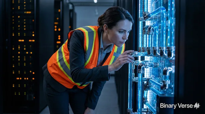Engineer inspecting liquid cooling pipes in a data center for Nvidia B200 racks.
