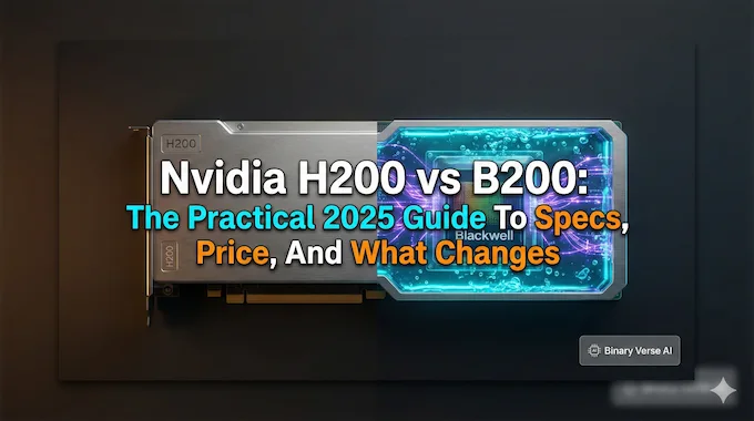 Split view of industrial H200 server and futuristic liquid-cooled Nvidia B200 core.