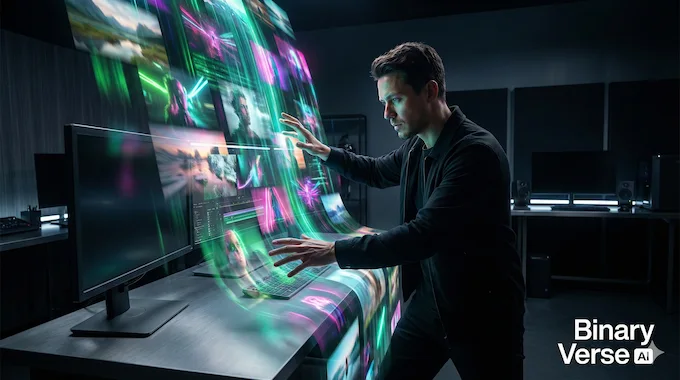 Nvidia H200 vs B200 Digital artist working with a massive holographic video stream powered by Nvidia B200.