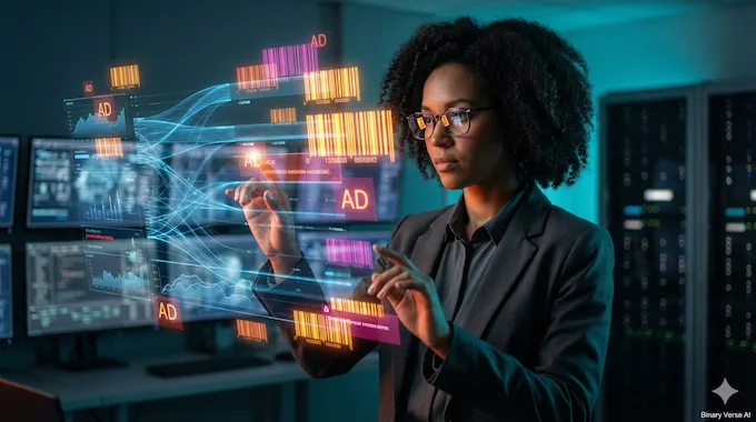 A data scientist viewing an AI interface interrupted by OpenAI code red monetization glitches.