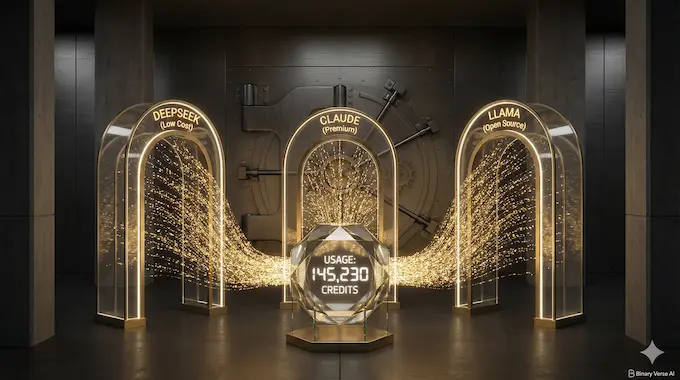 A photorealistic light visualization showing data credits flowing through different model gateways into a transparent cost meter for OpenRouter AI.