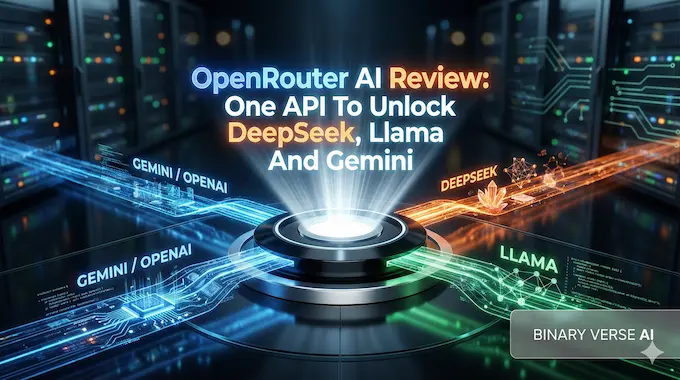 A futuristic central hub unifying colored data streams representing DeepSeek, Llama, and Gemini, with the title "OpenRouter AI Review" integrated into the light.