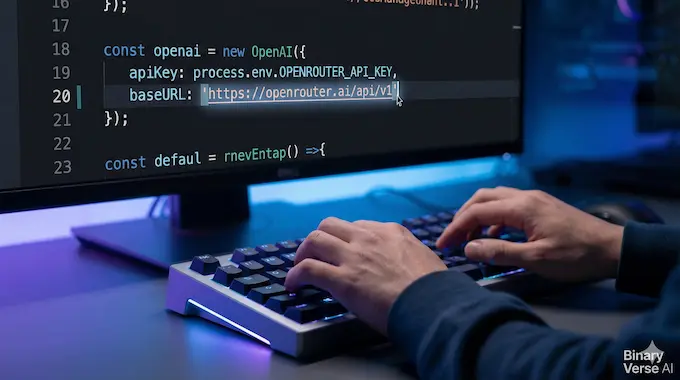 A close-up of a developer's hands and screen showing the simple code change required to integrate the OpenRouter AI API into a stack.