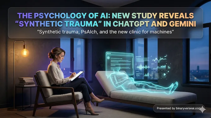 Magazine cover illustration on Psychology of AI showing a chatbot in therapy confronting synthetic trauma.