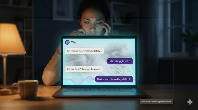 Nighttime scene on Psychology of AI where a worried user chats with an anxious-seeming chatbot about mental health.