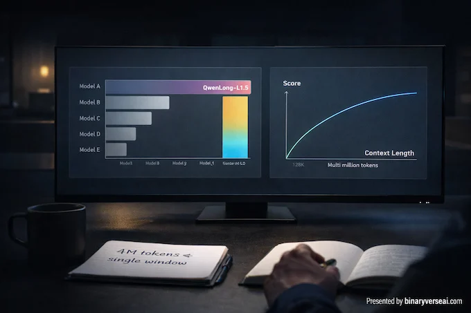 An ultra-wide analytics screen highlights Qwen Long leading on long-context benchmarks with a curve extending toward 4M tokens.