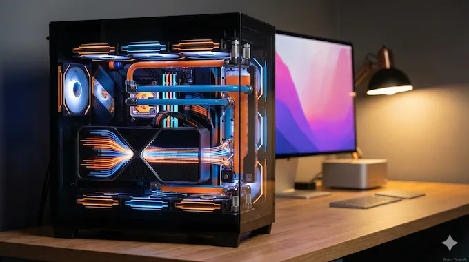 A powerful custom PC rig with a glowing RTX 4090 GPU on a desk, symbolizing local Devstral 2 deployment.