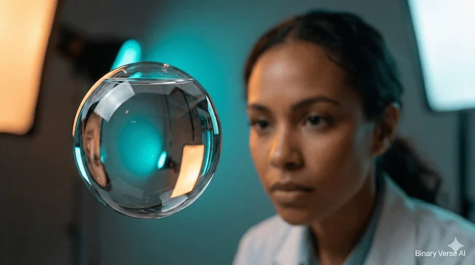 A perfect water sphere floating in a studio demonstrating Runway Gen 4.5 physics.