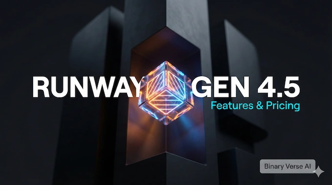 A glowing crystalline AI prism representing Runway Gen 4.5 illuminating a dark background structure.