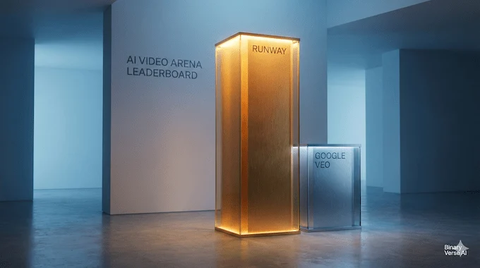 A gold architectural pillar representing Runway Gen 4.5 rising above a silver competitor pillar.