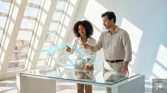 Researchers in a modern lab collaborating on a holographic AI interface, illustrating the co-improvement model for safe Superintelligence.