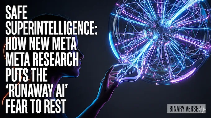 A futuristic editorial cover showing a human researcher guiding a glowing blue AI neural network sphere, representing safe Superintelligence.