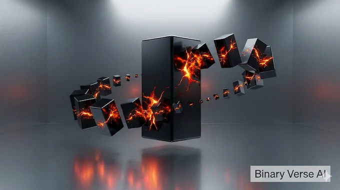 A dark, glowing obsidian monolith self-replicating in a void, symbolizing the risks of autonomous safe Superintelligence research.