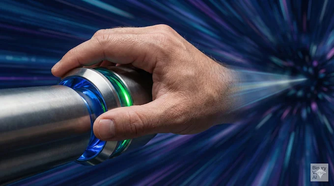 A close-up of a human hand operating a futuristic throttle, symbolizing the human control required for safe Superintelligence.