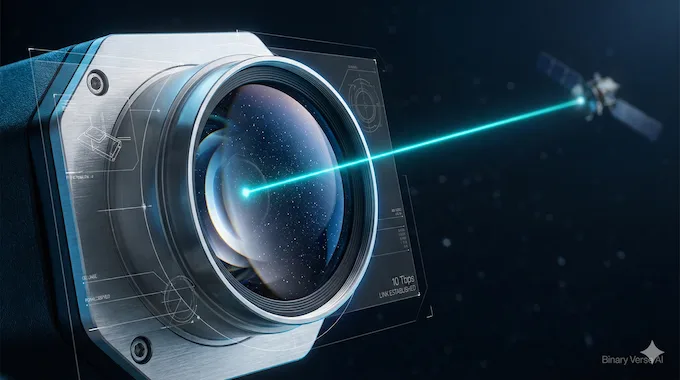 A laser inter-satellite link connecting nodes in a space data centers network.