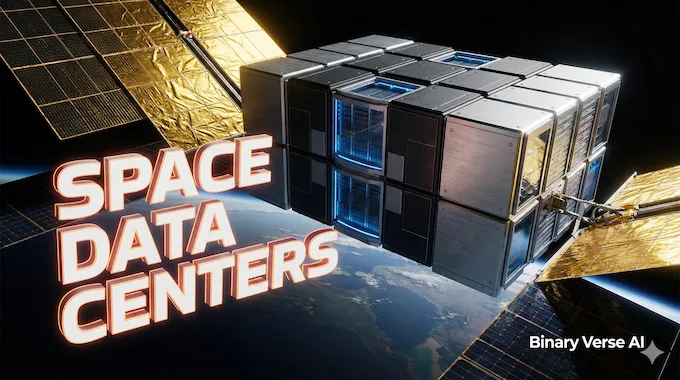 A futuristic orbital server farm representing space data centers orbiting Earth.